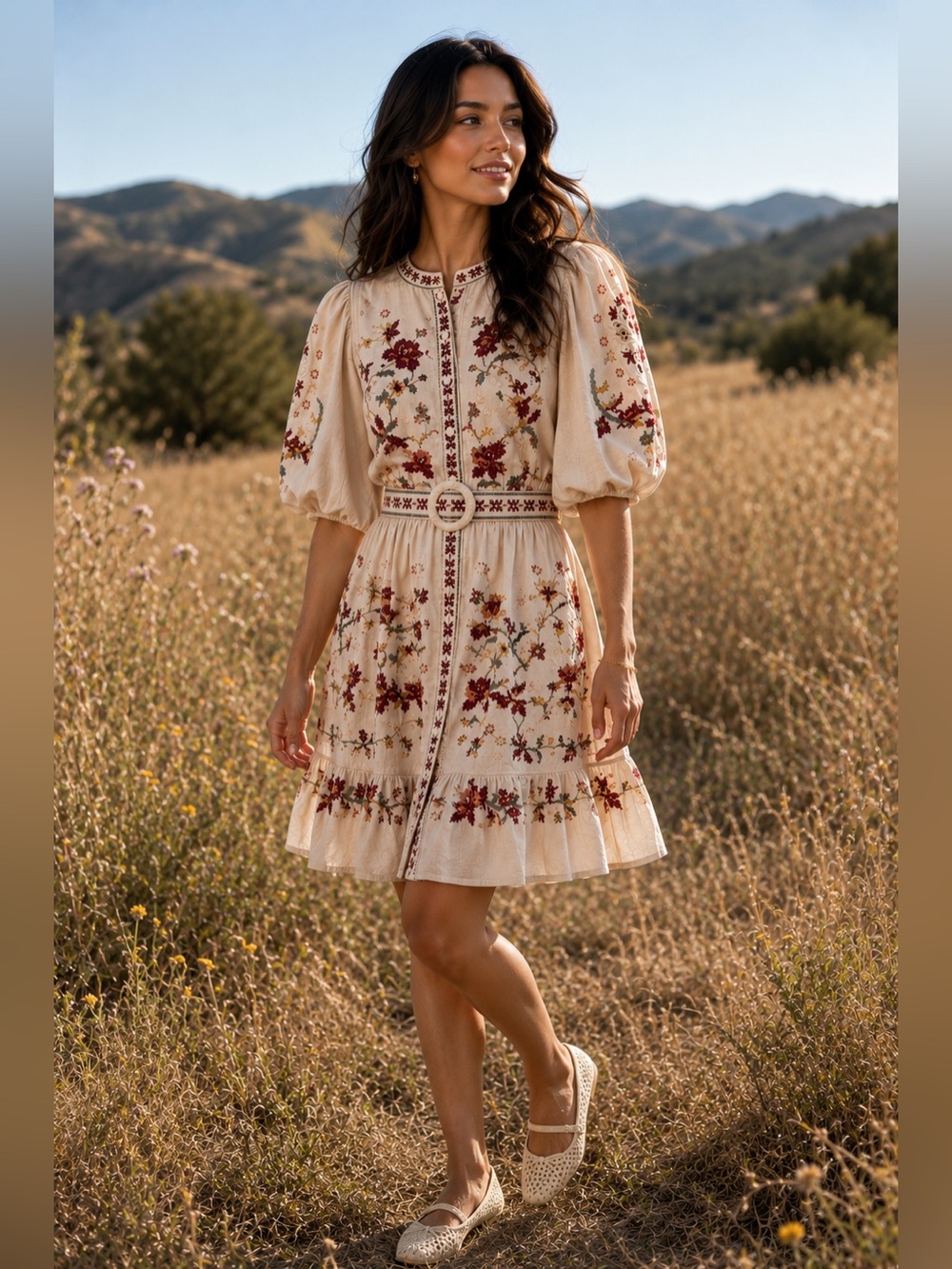 Caroline Constas Cream Embroidered Floral Puff-Sleeve Mini Dress
